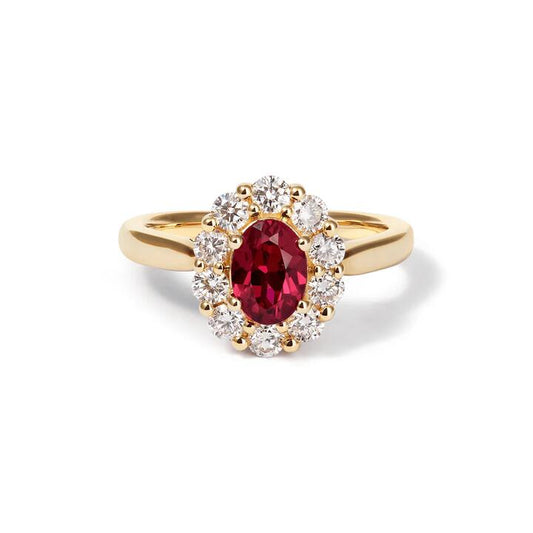 Image of Jewelry. Productname: Oval Created Ruby Halo Ring with 0.62tw of Laboratory-Grown Diamonds in 9kt Yellow Gold in Diamond colour by brand - Bevilles