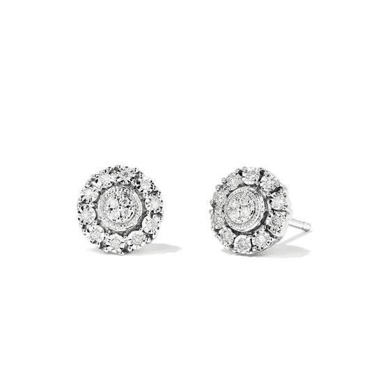 Image of Earrings. Productname: Miracle Set Halo Stud Earrings with 0.10tw of Diamonds in Sterling Silver in Diamond colour by brand - Bevilles