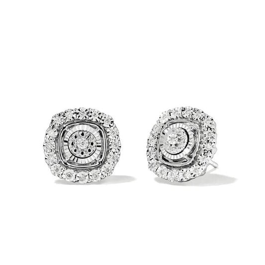 Image of Earrings. Productname: Miracle Halo Stud Earrings with 0.10tw of Diamonds in Rhodium Plated Sterling Silver in colour by brand - Bevilles