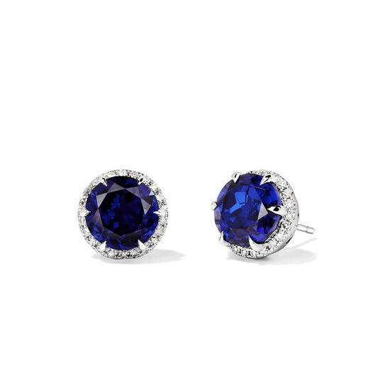 Image of Earrings. Productname: Halo Stud Earrings with Created Sapphires and 0.22tw of Laboratory-Grown Diamonds in Sterling Silver and Platinum in Diamond colour by brand - Bevilles