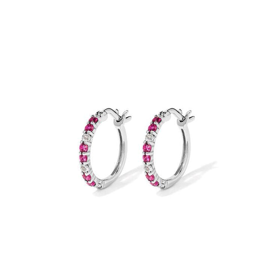 Image of Earrings. Productname: Hoop Earrings with Created Ruby and 0.02tw of Laboratory-Grown Diamonds in Sterling Silver and Platinum in Diamond colour by brand - Bevilles