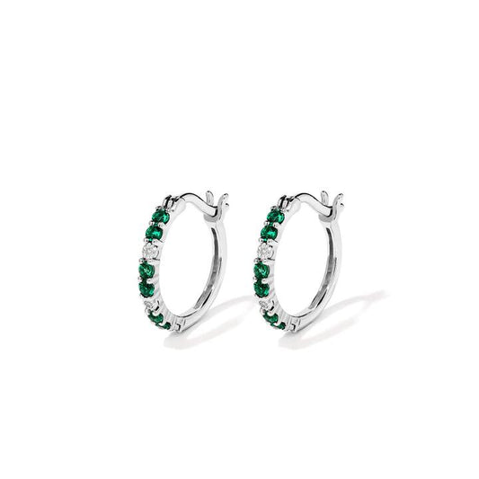 Image of Earrings. Productname: Hoop Earrings with Created Emerald and 0.02tw of Laboratory-Grown Diamonds in Sterling Silver and Platinum in Diamond colour by brand - Bevilles