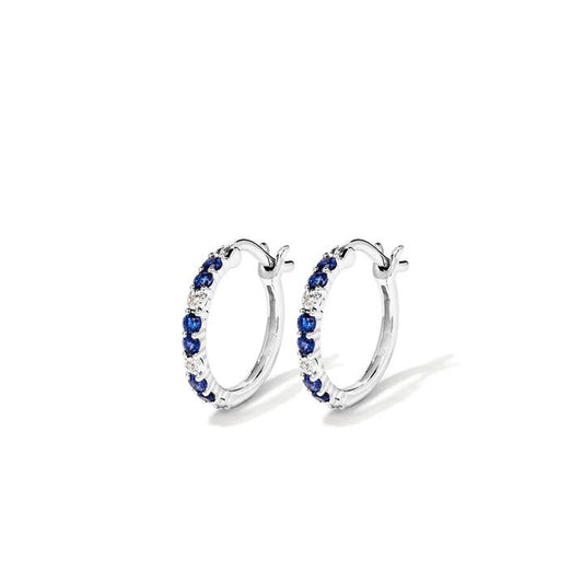 Image of Earrings. Productname: Hoop Earrings with Created Sapphire and 0.02tw of Laboratory-Grown Diamonds in Sterling Silver and Platinum in Diamond colour by brand - Bevilles