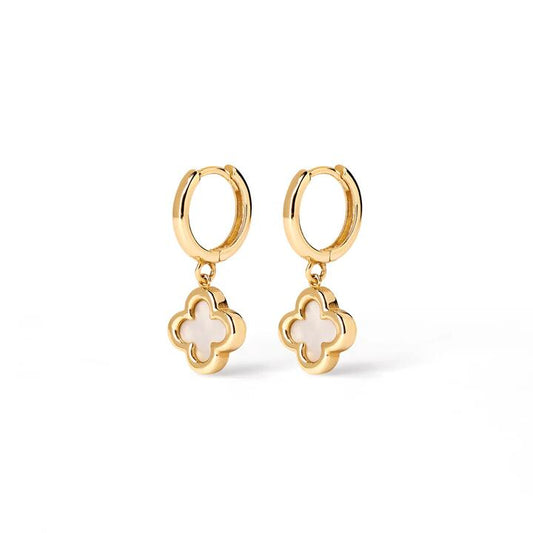 Image of Earrings. Productname: Mother of Pearl Clover Huggie Earrings in 9kt Yellow Gold in Gold colour by brand - Bevilles