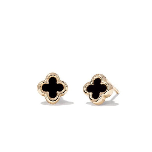 Image of Earrings. Productname: Onyx Clover Stud Earrings in 9kt Yellow Gold in Gold colour by brand - Bevilles