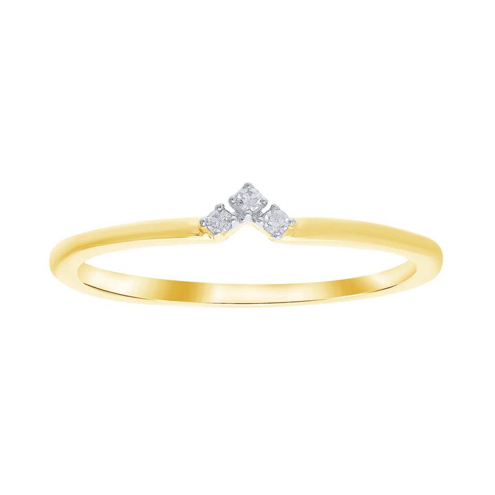 Image of Jewelry. Productname: Three Stone Contour Ring with 0.02tw of Laboratory-Grown Diamonds in 9kt Yellow Gold in Diamond colour by brand - Bevilles