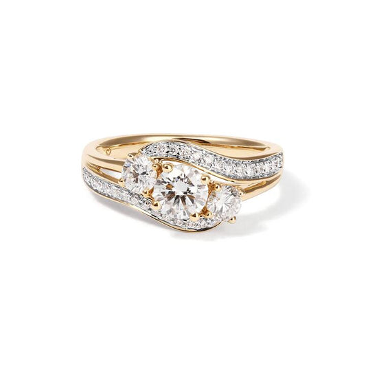 Image of Jewelry. Productname: Three Stone Swirl Shoulder Ring with 1.00tw of Laboratory-Grown Diamonds in 9kt Yellow Gold in Diamond colour by brand - Bevilles