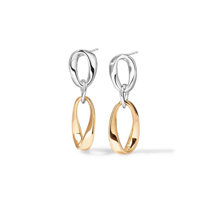 Image of Earrings. Productname: Two-Tone Twist Oval Drop Studs in 18kt Fine Gold Plating in Silver colour by brand - Bevilles