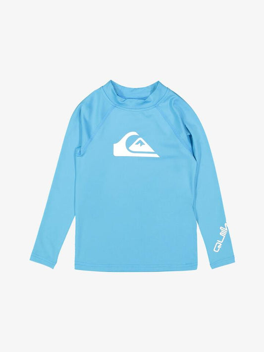 Image of a model wearing Tops. Productname: Quiksilver Boys 2-7 All Time Long Sleeve Rash Vest Horizon Blue - in Horizon Blue colour by brand - Quiksilver