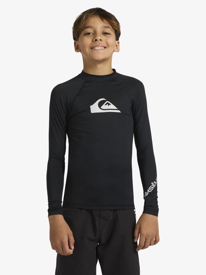Image of a model wearing Tops. Productname: Quiksilver Boys 8-16 All Time Long Sleeve Rash Vest Black - in Black colour by brand - Quiksilver