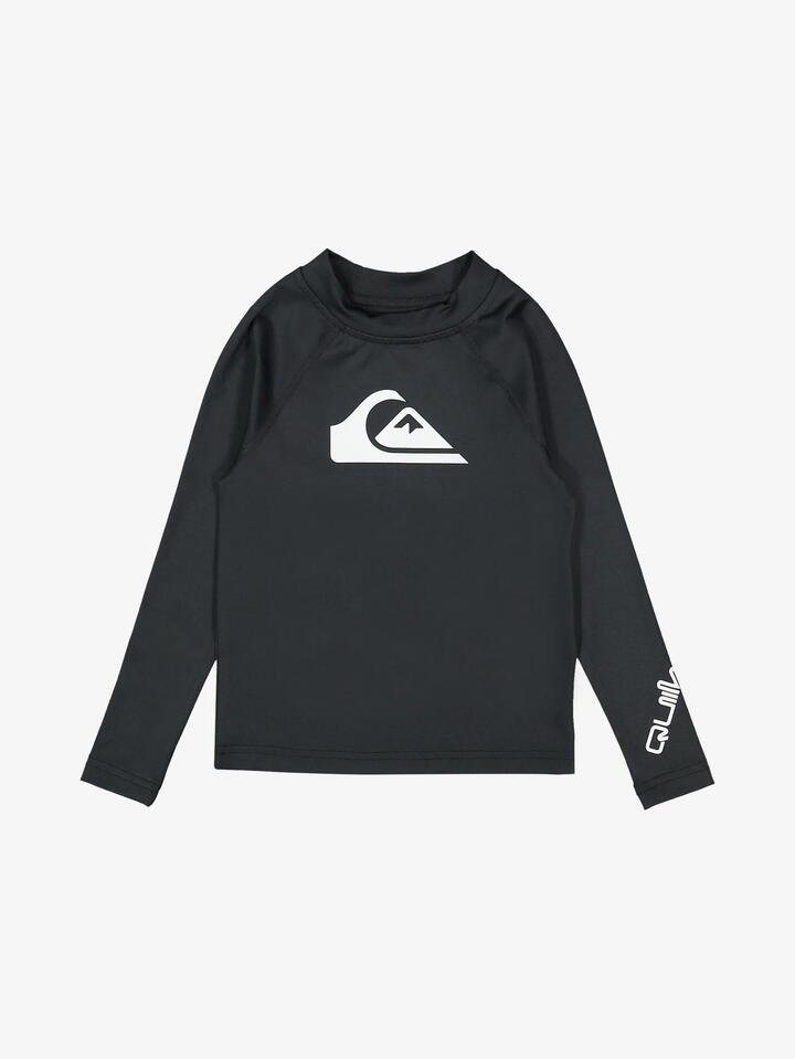 Image of a model wearing Tops. Productname: Quiksilver Boys 2-7 All Time Long Sleeve Rash Vest Black - in Black colour by brand - Quiksilver