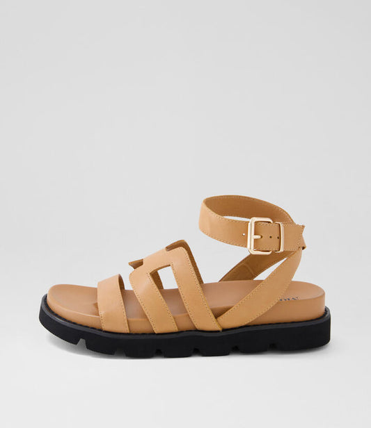 Image of Sandals. Productname: Ceyana Camel Black Leather Sandals in CAMEL-BLACK SOLE colour by brand - MOLLINI