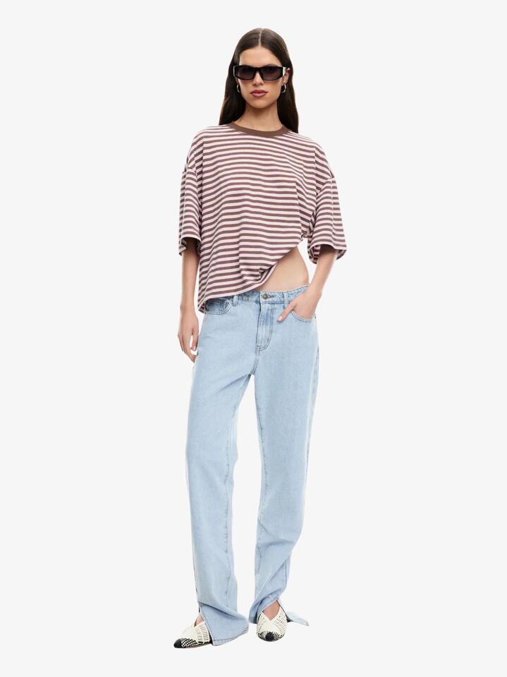 Image of a model wearing Tops. Productname: Lioness Bloom Short Sleeve Tee in Chocolate Blush Stripe colour by brand - Lioness