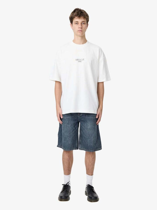 Image of a model wearing Denim. Productname: Article One Benji Denim Shorts in Vintage Bleach colour by brand - Article One