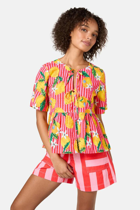 Image of a model wearing Tops. Productname: Lemonade Seersucker Print Top in Print colour by brand - Gorman