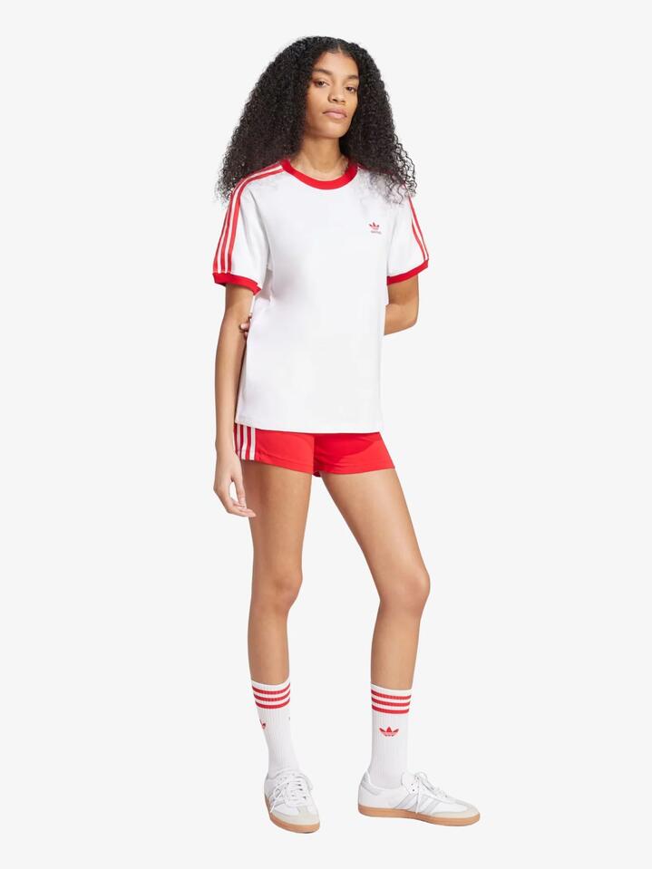 Image of a model wearing Tops. Productname: Adidas 3-Stripes Tee in White/Better Scarlet colour by brand - Adidas