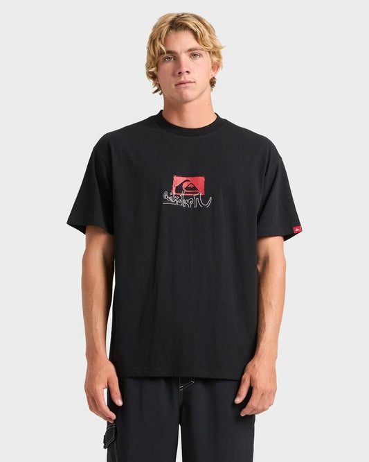 Image of a model wearing Tops. Productname: Quiksilver Mens Affected T-Shirt Black - in Black colour by brand - Quiksilver