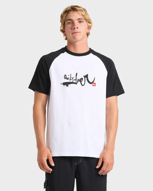 Image of a model wearing Tops. Productname: Quiksilver Mens Impaired Raglan T-Shirt White - in White colour by brand - Quiksilver