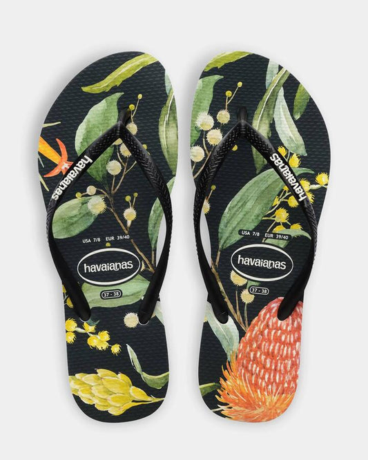 Image of Sandals. Productname: havaianas Womens Slim Bush Flower Thongs Black - in Black colour by brand - Havaianas