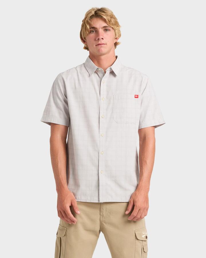 Image of a model wearing Tops. Productname: Quiksilver Mens Testament Short Sleeve Shirt Grey Violet - in Grey Violet colour by brand - Quiksilver