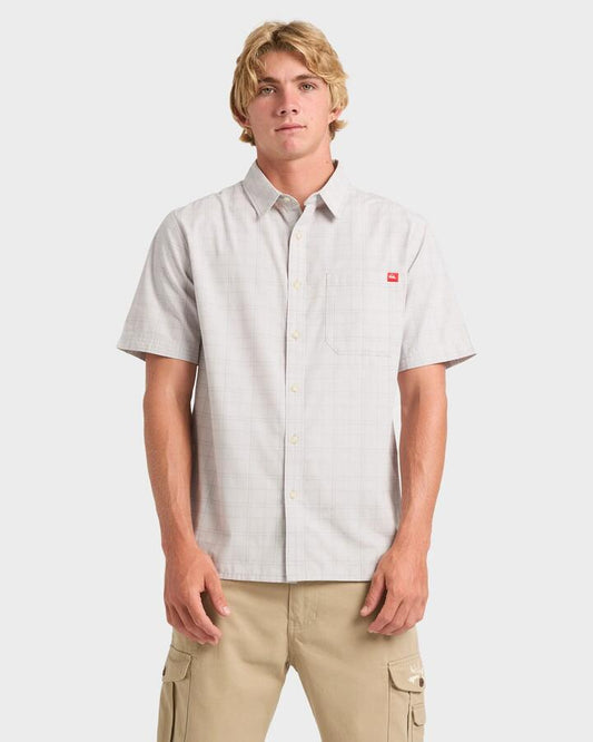 Image of a model wearing Tops. Product name - Quiksilver Mens Testament Short Sleeve Shirt Grey Violet in Grey Violet colour by brand - Quiksilver