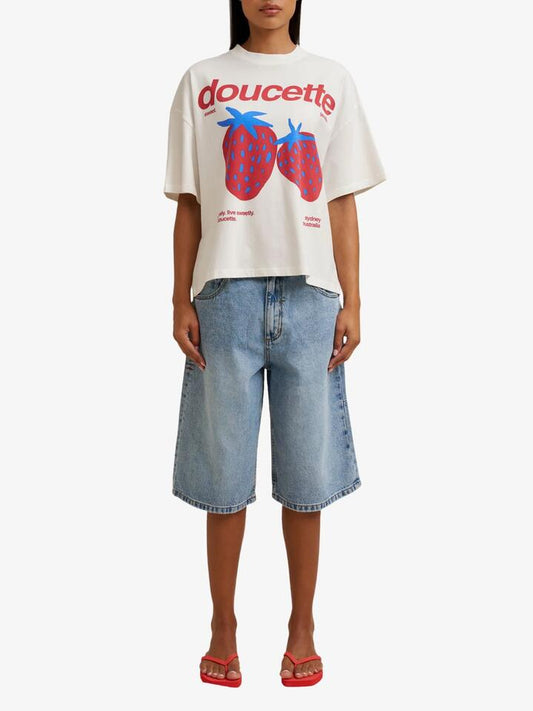 Image of a model wearing Tops. Productname: Doucette Unisex Live Sweet Compact Tee in Ivory colour by brand - Doucette