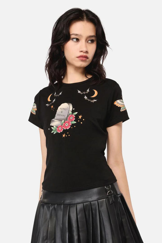 Image of a model wearing Tops. Productname: All Hallows Eve Tattoo Fitted Tee in Black colour by brand - Dangerfield