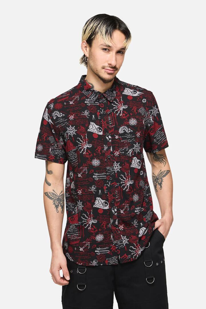 Image of a model wearing Shorts. Productname: Pirate Punk Short Sleeve Shirt in Black colour by brand - Dangerfield