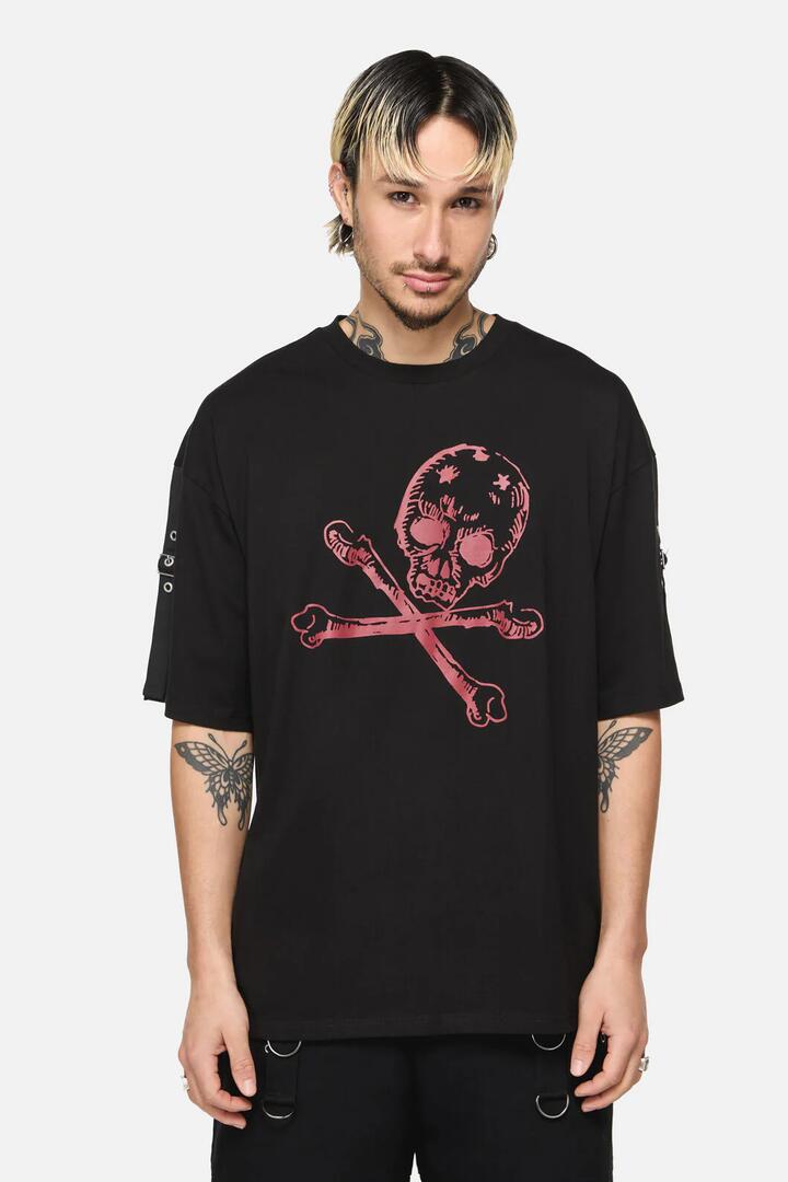 Image of a model wearing Tops. Productname: Skull Grunge Print Tee in Black colour by brand - Dangerfield