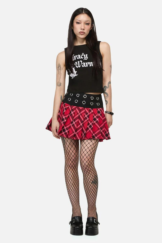 Image of a model wearing Skirts. Productname: Piracy Punk Tartan Mini Skort in Red colour by brand - Dangerfield