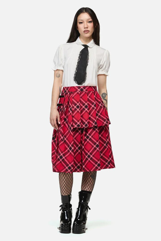 Image of a model wearing Skirts. Productname: Piracy Punk Tartan Midi Skirt in Red colour by brand - Dangerfield