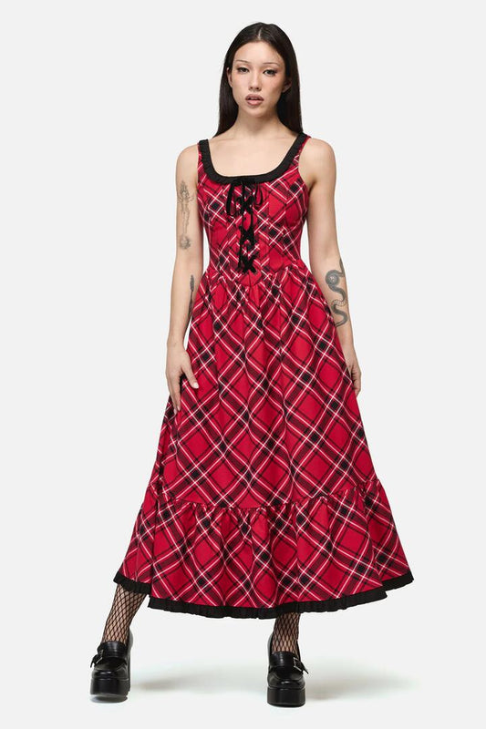 Image of a model wearing Dress. Productname: Piracy Punk Tartan Midi Dress in Red colour by brand - Dangerfield