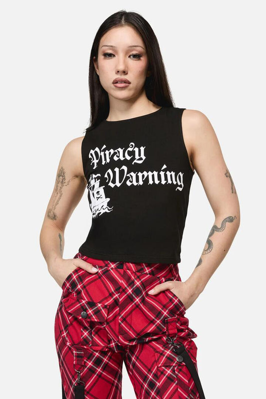 Image of a model wearing Tops. Productname: Piracy Print Punk Tank Top in Black colour by brand - Dangerfield