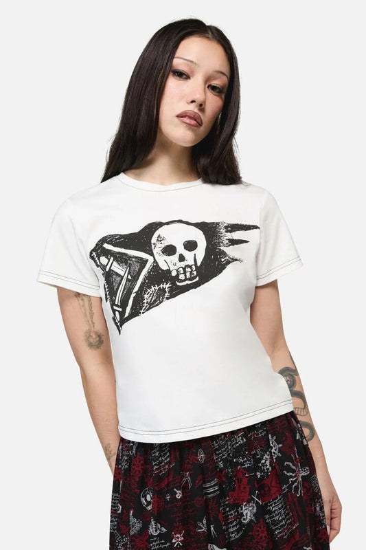 Image of a model wearing Tops. Productname: Pirate Flag Print Punk Tee in Cream colour by brand - Dangerfield