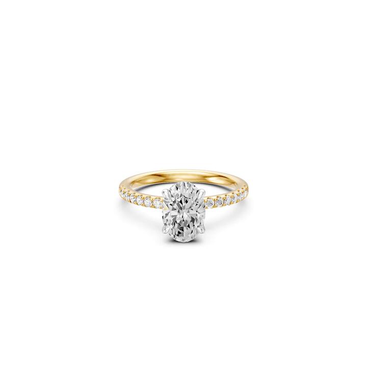 Image of Jewelry. Productname: Oval Solitaire Shoulder Ring with 2.25tw of Laboratory-Grown Diamonds in 18kt Yellow and White Gold in Diamond colour by brand - Bevilles
