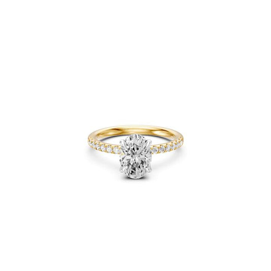 Image of Jewelry. Productname: Oval Solitaire Shoulder Ring with 2.25tw of Laboratory-Grown Diamonds in 18kt Yellow and White Gold in Diamond colour by brand - Bevilles