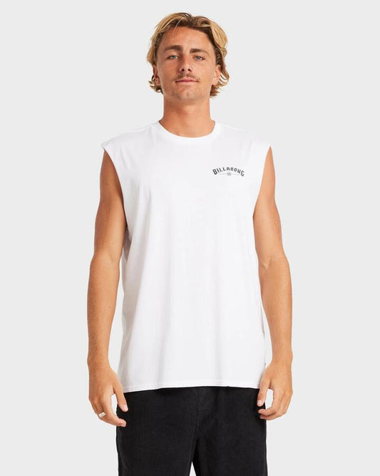 Image of a model wearing Tops. Productname: Billabong Mens Chrome Arch Muscle White - in White colour by brand - Billabong