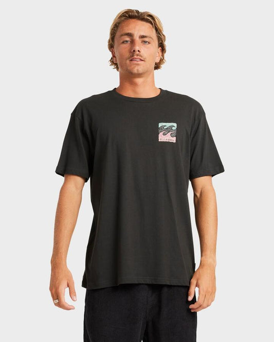 Image of a model wearing Tops. Productname: Billabong - Mens Crayon Wave T-Shirt - Washed Black - in Washed Black colour by brand - Billabong