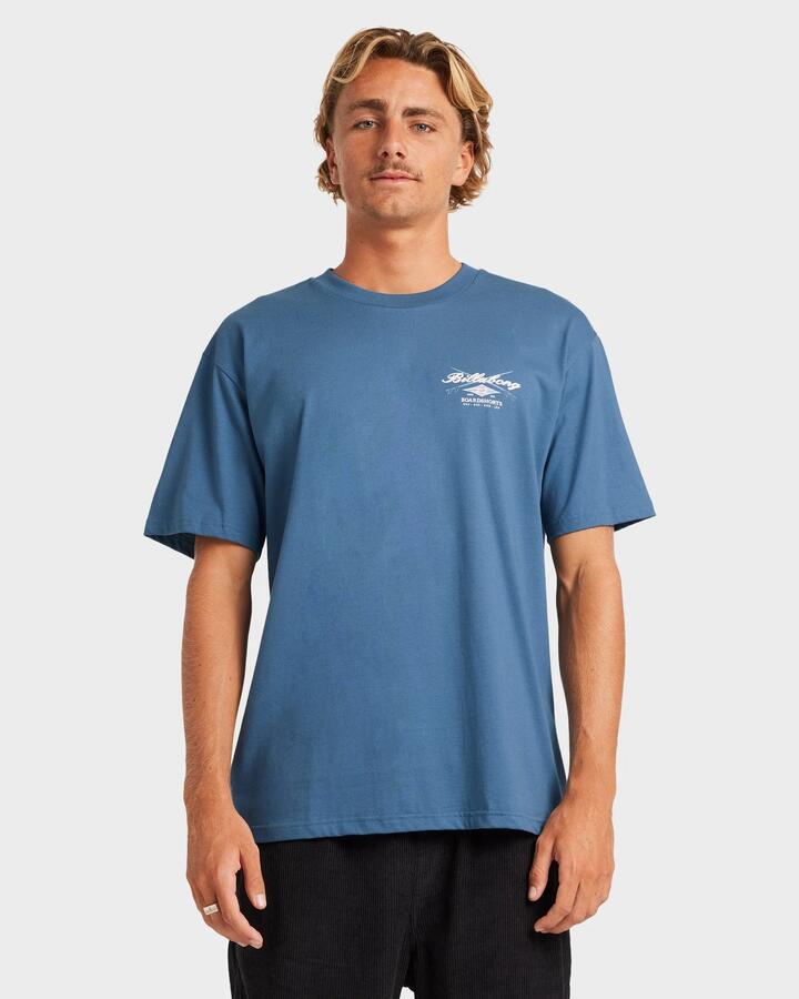 Image of a model wearing Tops. Productname: Billabong - Mens Crossboards T-Shirt - Real Teal - in Real Teal colour by brand - Billabong