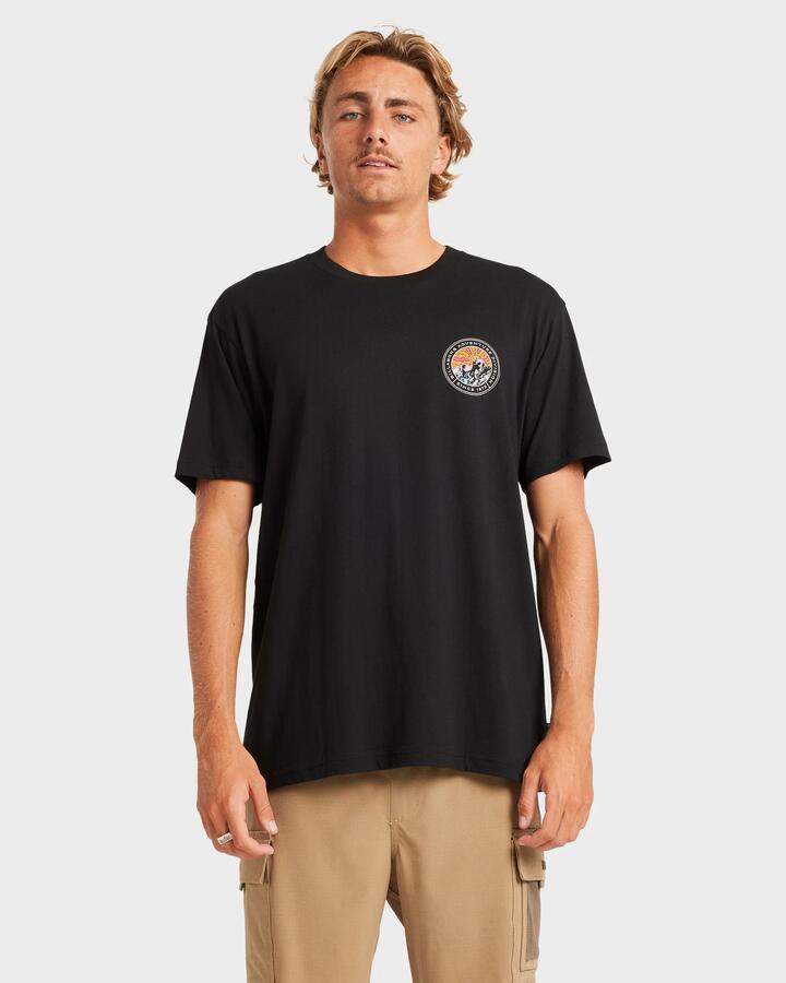 Image of a model wearing Tops. Productname: Billabong - Mens Rockies Adiv T-Shirt - Black - in Black colour by brand - Billabong