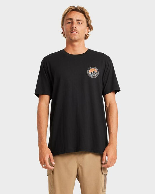 Image of a model wearing Tops. Productname: Billabong - Mens Rockies Adiv T-Shirt - Black - in Black colour by brand - Billabong