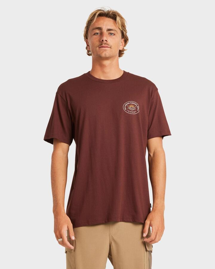 Image of a model wearing Tops. Productname: Billabong - Mens Sierras Adiv T-Shirt - Wine - in Wine colour by brand - Billabong