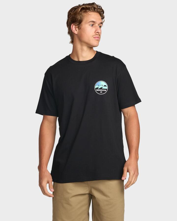 Image of a model wearing Tops. Productname: Billabong Mens Runner Premium T-Shirt Black - in Black colour by brand - Billabong