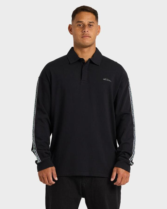 Image of a model wearing Tops. Productname: Quiksilver Mens Pu-Tawhiro Polo Long Sleeve Shirt Black - in Black colour by brand - Quiksilver