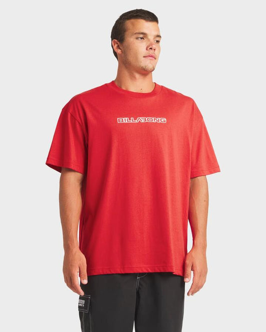 Image of a model wearing Tops. Productname: Billabong - Mens Halftone Og T-Shirt - True Red - in True Red colour by brand - Billabong