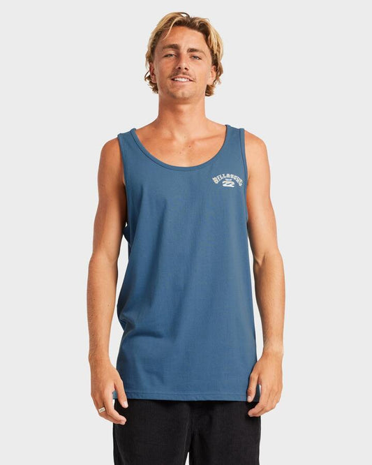 Image of a model wearing Tops. Productname: Billabong Mens Heritage Arch Tank Real Teal - in Real Teal colour by brand - Billabong