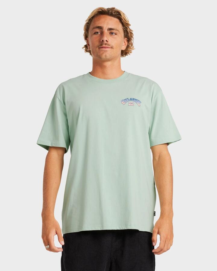 Image of a model wearing Tops. Productname: Billabong - Mens Wax Arch T-Shirt - Seafoam - in Seafoam colour by brand - Billabong