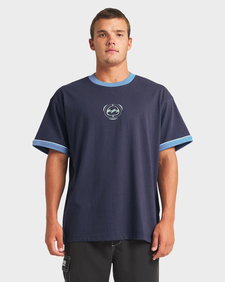 Image of a model wearing Tops. Productname: Billabong - Mens Spec Ringer T-Shirt - Vintage Navy - in Vintage Navy colour by brand - Billabong