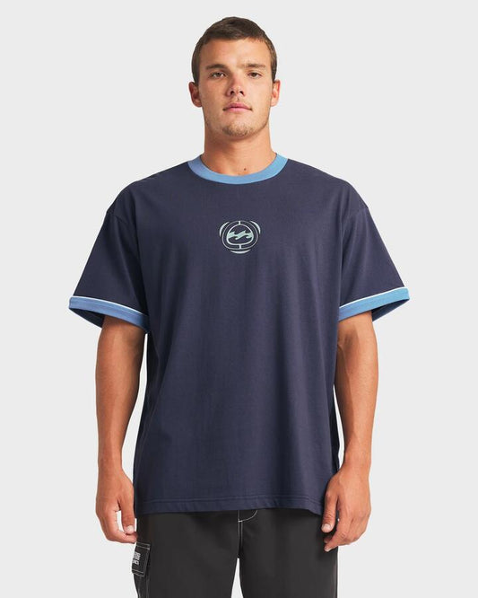 Image of a model wearing Tops. Productname: Billabong - Mens Spec Ringer T-Shirt - Vintage Navy - in Vintage Navy colour by brand - Billabong