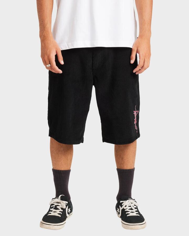 Image of a model wearing Shorts. Productname: Billabong - Mens Smoko Corduroy Shorts - Washed Black - in Washed Black colour by brand - Billabong